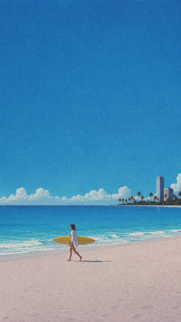 Standbild aus ChatGPT: Frau mit gelbem Surfbrett am Strand im City-Pop-Stil