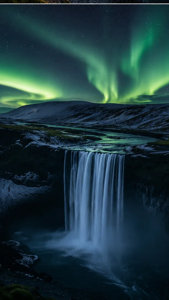 Endframe: derselbe Island-Wasserfall bei Nacht unter grünem Nordlicht