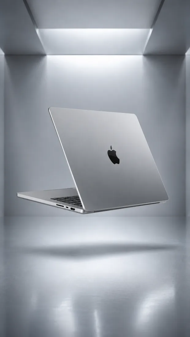 Dasselbe MacBook Pro von hinten mit sichtbarem Deckel und Anschlüssen
