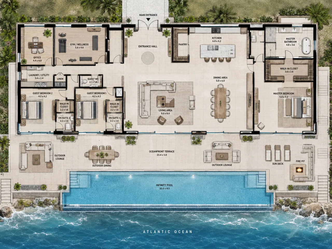 Grundriss einer Villa am Meer: Haupteingang oben mittig, Eingangshalle, offener Wohn- und Essbereich mit Küche, drei Gästezimmer links, Master-Bereich rechts, davor eine durchgehende Terrasse mit Infinity-Pool zum Atlantik
