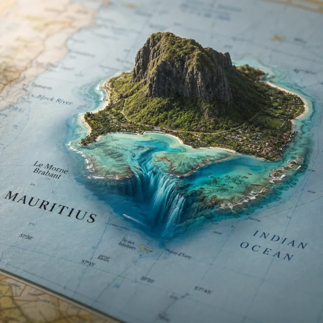 Quellbild: Mauritius mit Unterwasser-Wasserfall als Miniatur-Diorama auf einer Seekarte