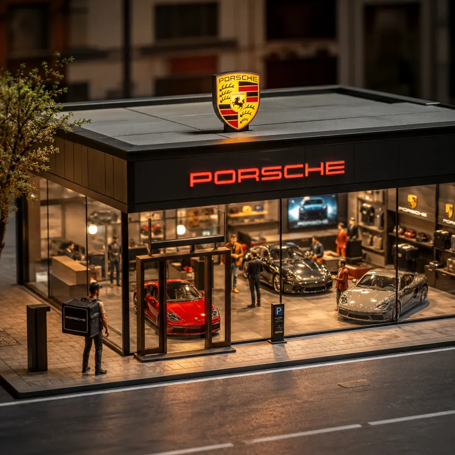 Fotorealistisches Miniatur-Modell eines Autohaus-Showrooms mit Glasfront, Fahrzeugen im Innenraum und beleuchtetem Schriftzug