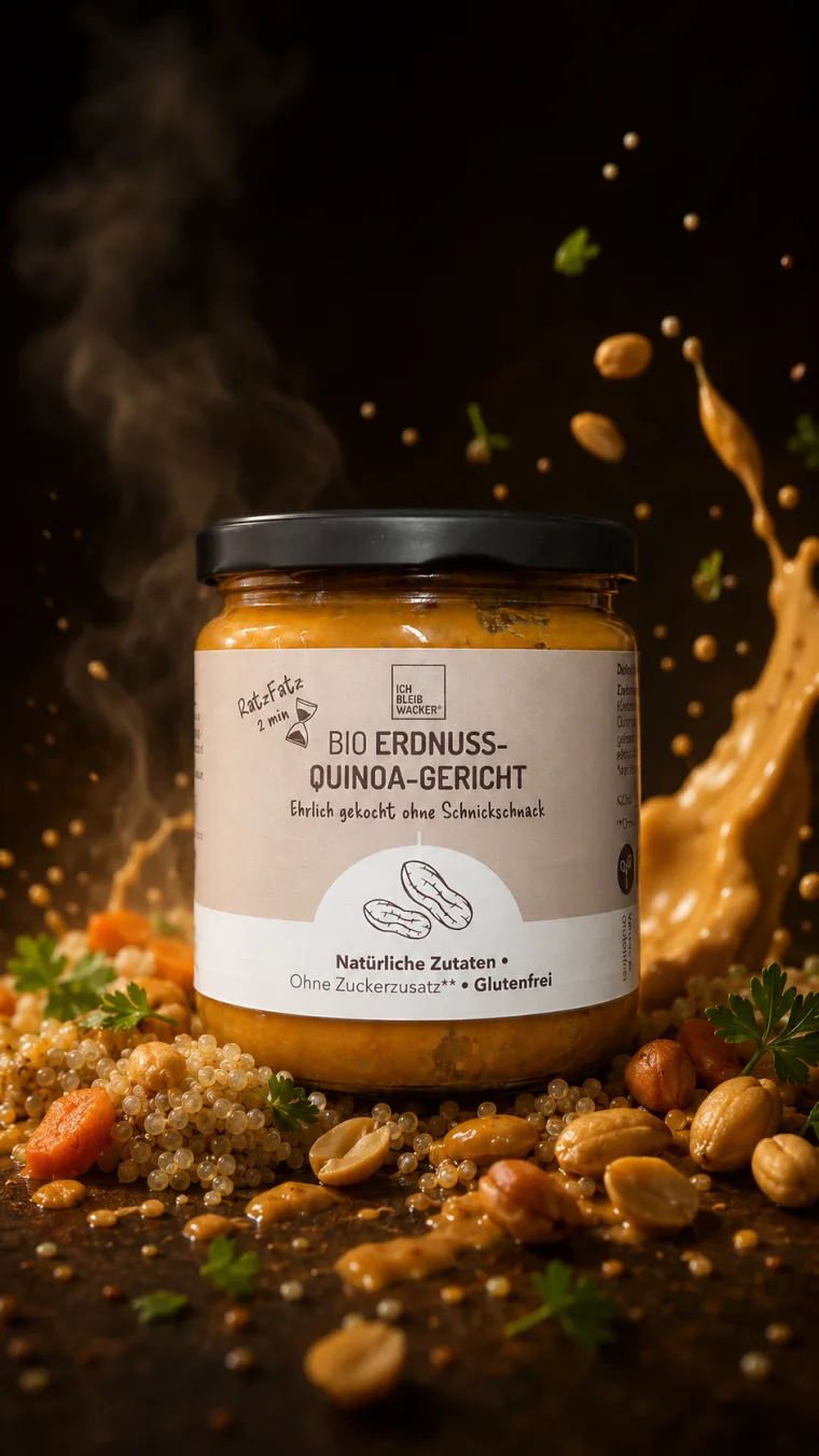 Startbild: Produktglas im dunklen Food-Studio, umgeben von Quinoa, Erdnüssen und Kräutern