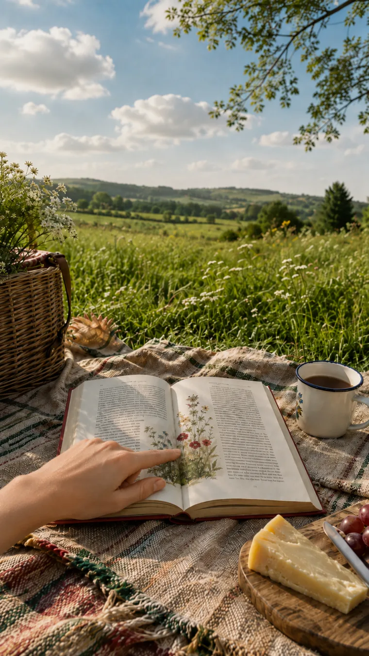 Aufgeschlagenes Buch auf einer Picknickdecke in einer Sommerwiese, ein Zeigefinger tippt auf die botanische Illustration einer Blumenwiese