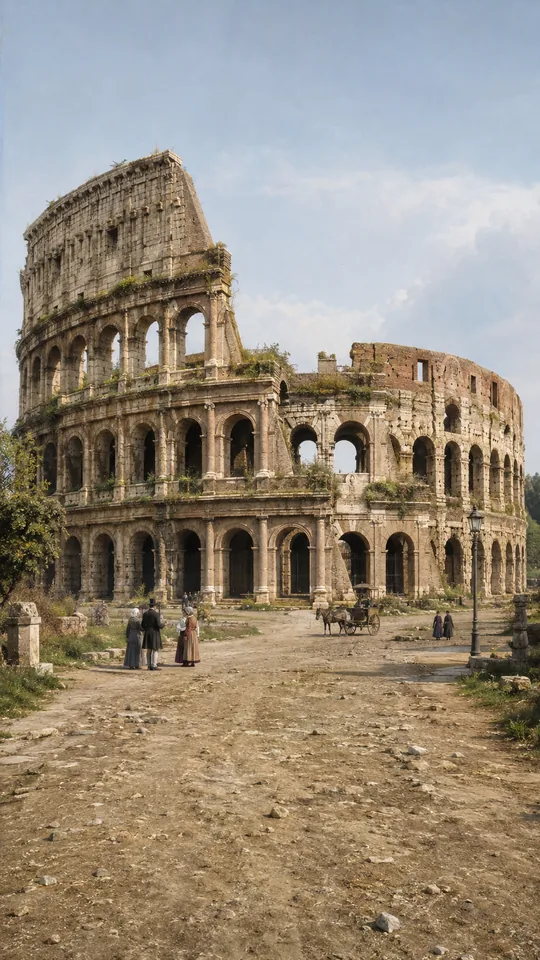 Keyframe 3: dieselbe Ansicht um 1800, überwachsene Ruine auf staubigem Boden
