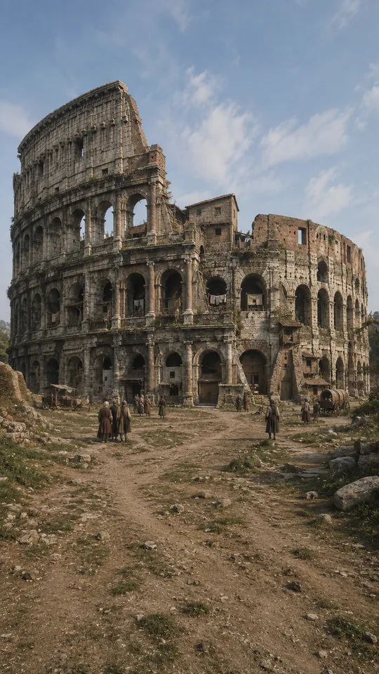 Keyframe 4: dieselbe Ansicht im Mittelalter, die Ruine ist bewohnt und umgebaut