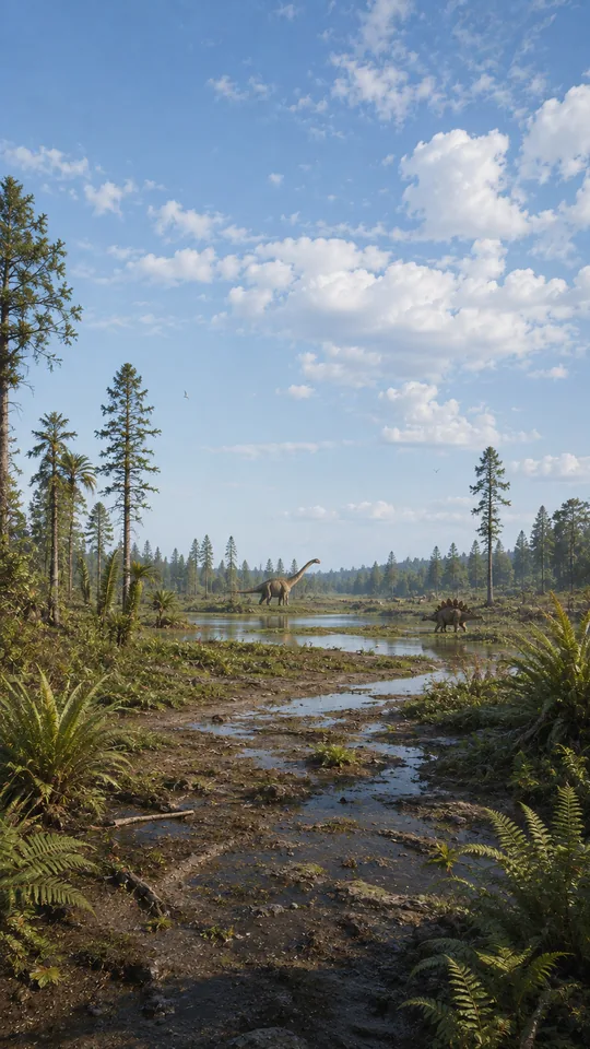 Das sechste Bild der Prompt-Sammlung: eine Urzeit-Landschaft mit Farnen, Sumpf und Dinosauriern an derselben Stelle