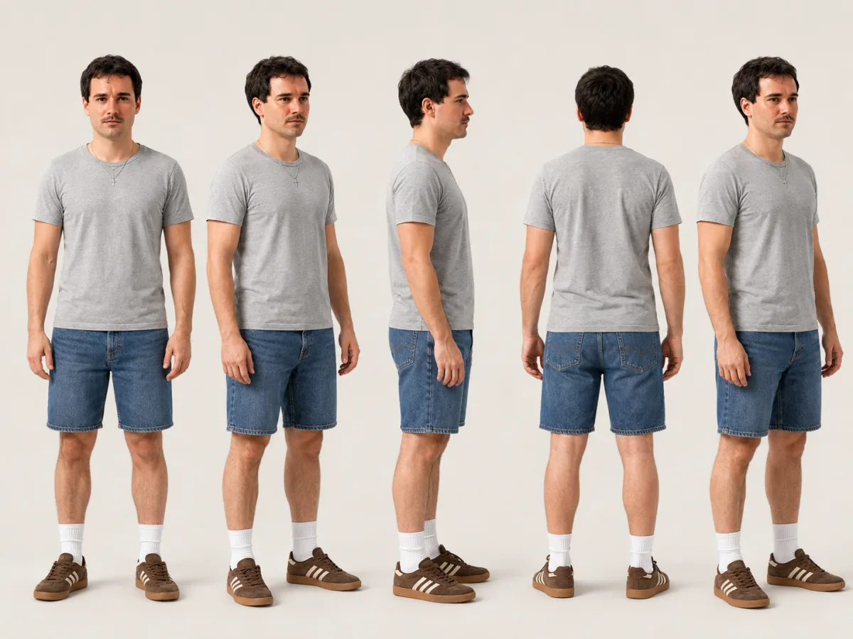 360-Grad-Charakterbogen: dieselbe Person in fünf Ansichten: von vorn, halb gedreht, im Profil und von hinten, in grauem T-Shirt, Jeansshorts und braunen Sneakern