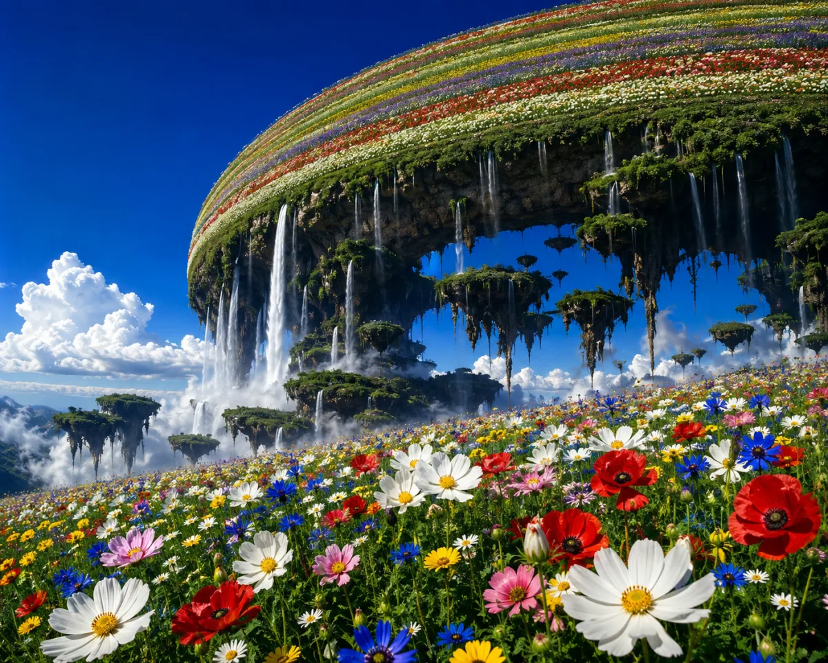 Generierte Traumwelt: eine riesige, mit Wildblumen bewachsene Landmasse biegt sich als Bogen über den Himmel, Wasserfälle stürzen von ihrer Unterseite, darunter schweben bewachsene Felsinseln