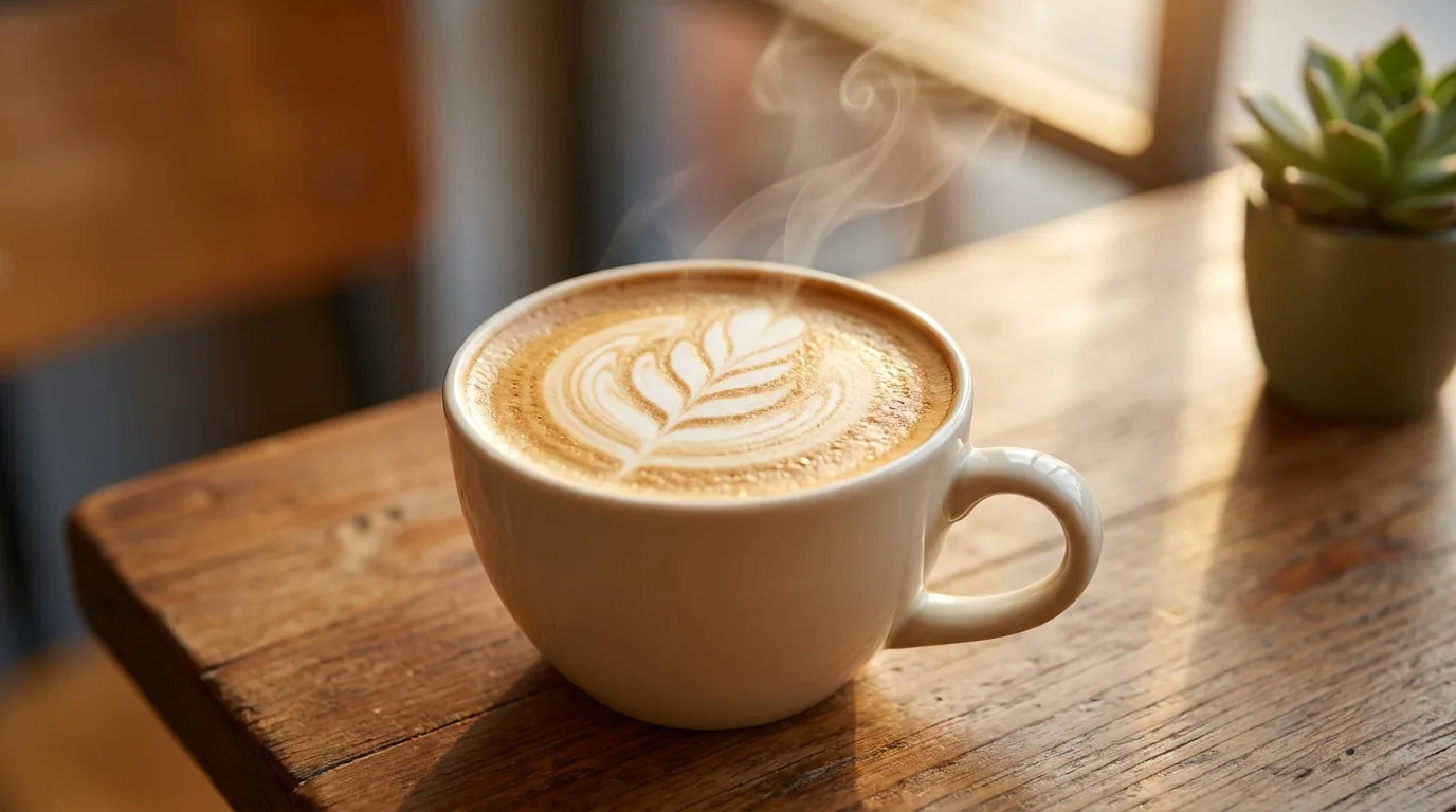 Generierte Foto-Szene einer Kaffeetasse mit Latte-Art auf einem warm beleuchteten Holztisch im Café