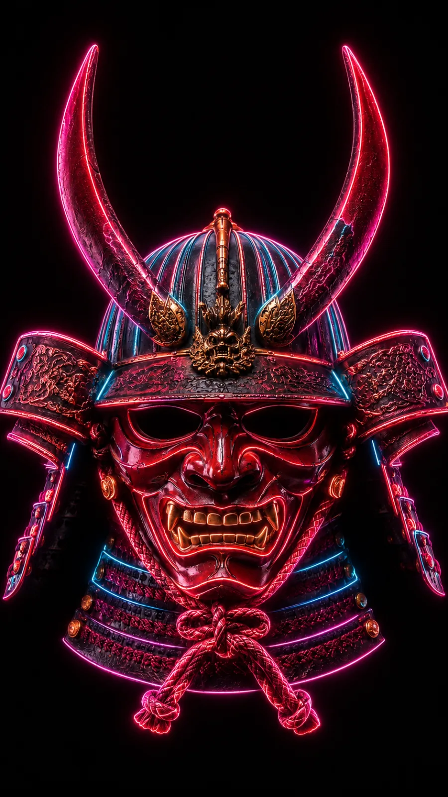 Derselbe Helm mit in Magenta und Cyan glühenden Konturen