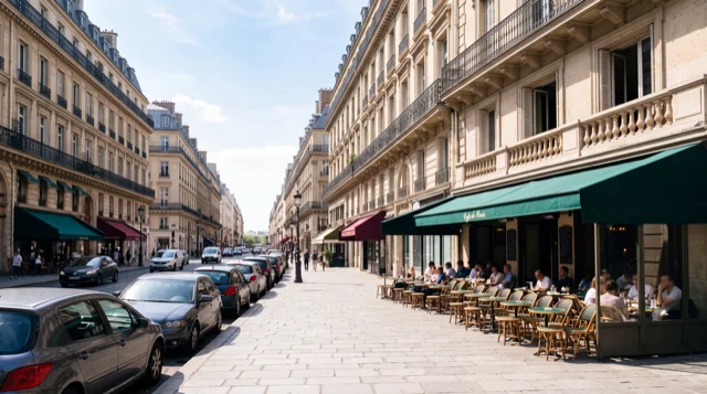 Pariser Straße mit Haussmann-Fassaden, Caféterrasse mit grüner Markise rechts und parkenden Autos links
