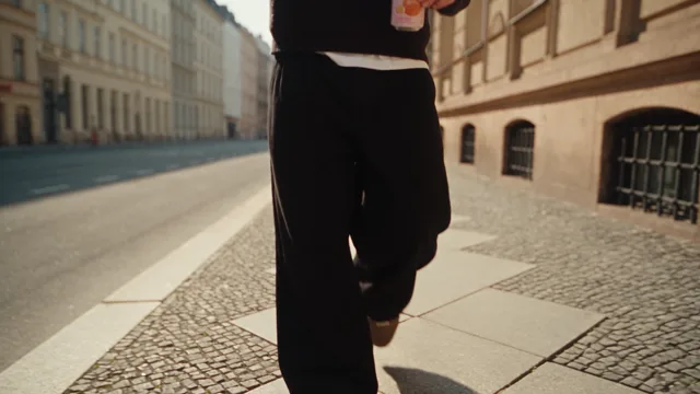 Die Kamera fährt am Körper hoch, der Mann telefoniert mit Sonnenbrille und Dose in der Hand